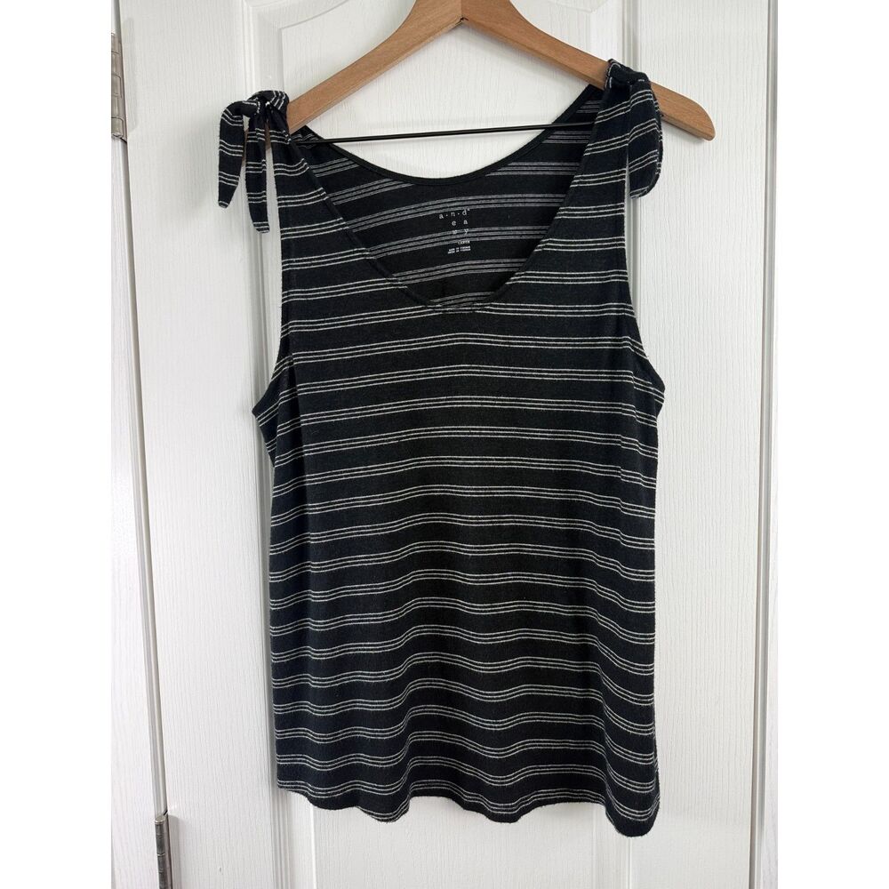 A New Day Black White Striped Tie Shoulder Tank Top Women’s Large Stretch Casual